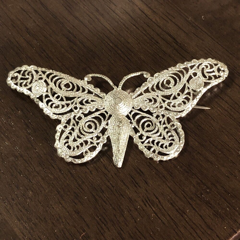 Vintage Silver Tone Filigree Butterfly Pin Brooch C Clasp